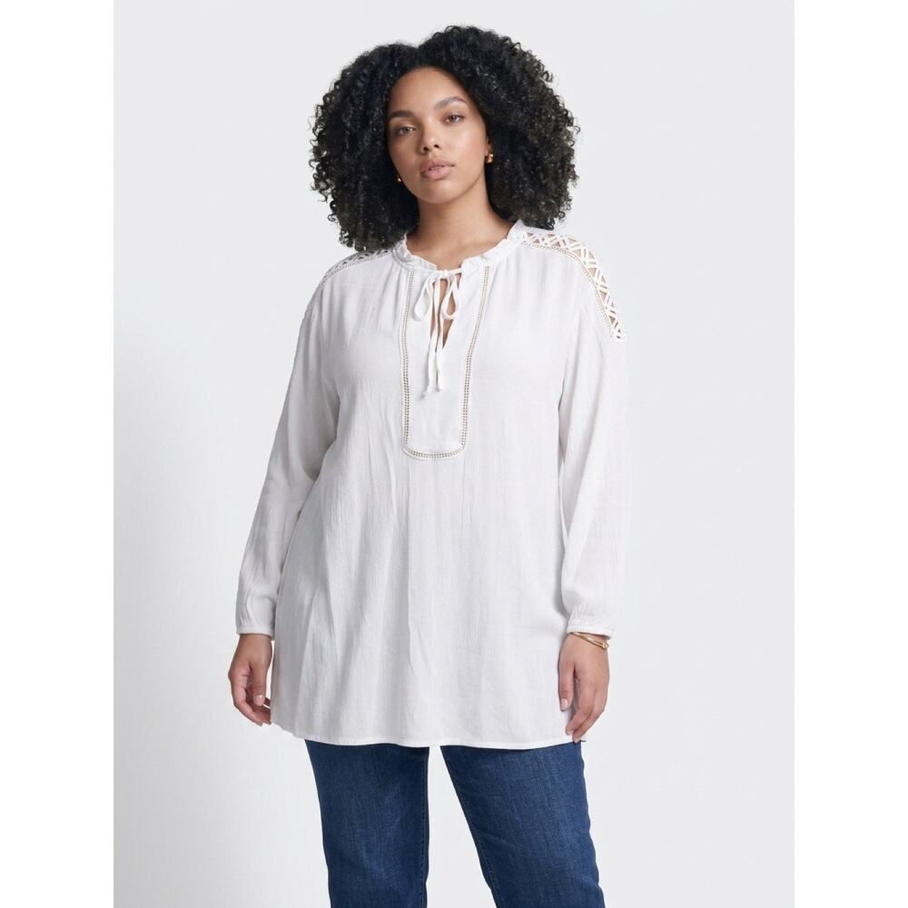 Cotton blend tunic blouse, Express, white peasant style with crochet trim XL